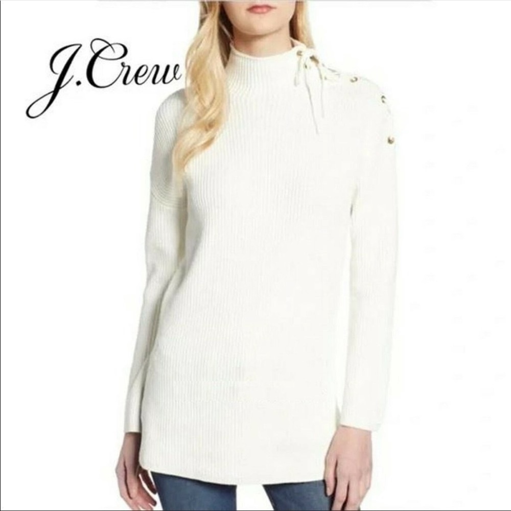 J. Crew White Ribbed Tunic Lace-up Shoulder Knit Sweater Mock Neck #L1206 Small